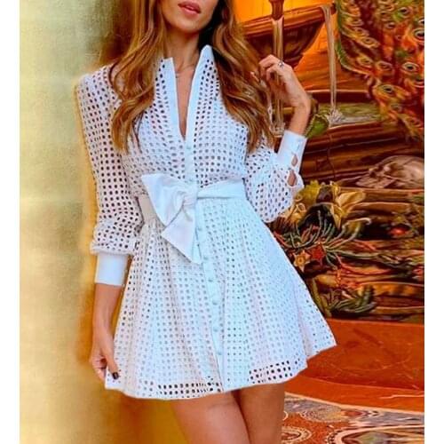 2021 Women Sweat Hollow Out Button Design White Long Sleeve Lace Up Girls Cute Mini Pleated Shirt Dress Party Club Robes Female