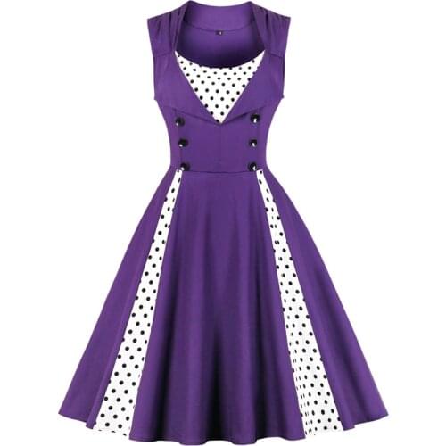 2021 Purple Contrast Polka Dot Double Breasted High Waist Rockabilly Dresses for Women Summer Cotton Plus Size Vintage Dress 50s