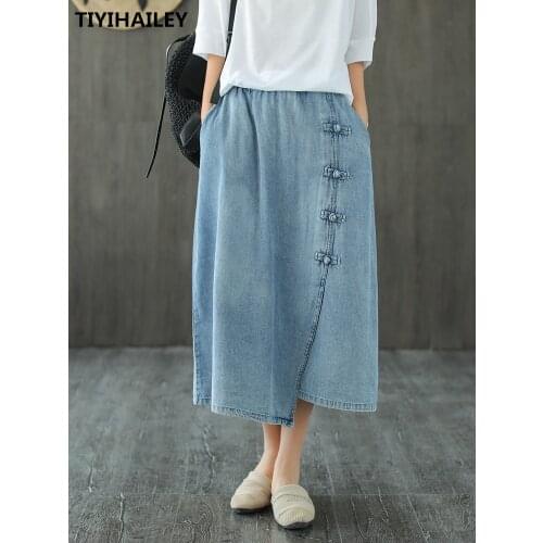 Free Shipping 2020 New Cotton Denim Long Mid-calf Skirts For Women Summer Spring Elastic Waist A-line Chinese Style Skirts
