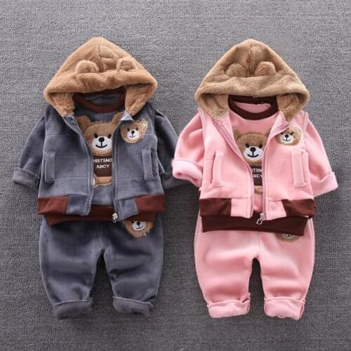 Baby clothes autumn and winter boys plus velvet long-sleeved sweater girls warm hooded vest cotton three-piece cartoon bear suit