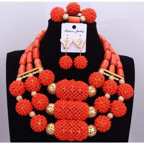Dubai Indian Wedding Necklace Jewelry Sets Bright Orange Balls Beads Coral Set Best Friends Jewelry Set New Free shipping