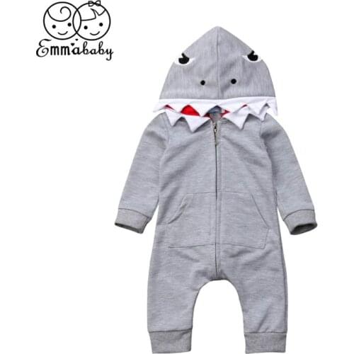 Newborn Baby Boy Girl Shark Romper Autumn Infant Toddler Kids Long Sleeve Zipper Hooded Jumpsuit Outfit Sleepwear Pajama Clothes