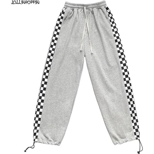 Checkerboard Pattern Side Stripe Men Jogger Pants 2021 New Drawcord Leg Opening Mens Loose Sweatpants Hip Hop Streetwear