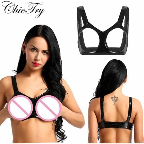 Newest Fashion Sexy Womens Lingerie Wetlook Faux Leather Sleeveless Open Cups Bra Underwear Vest Tank Crop Tops for Nightwear