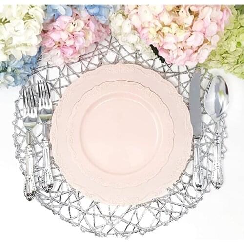 25-50 Pcs Disposable Tableware Baroque Pink Plastic Plate White Dinnerware Suitable for Wedding Birthday Parties Decorating Xmas
