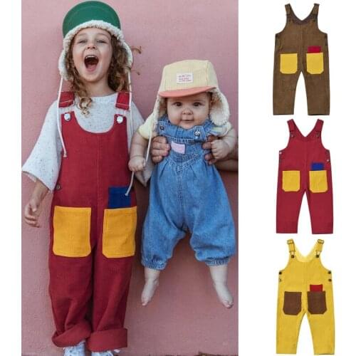 1-6 Years Toddler Kids Suspender Romper Spring Fall Sleeveless Corduroy Jumpsuit For Boys Girls Side Pocket Patch Color Playsuit