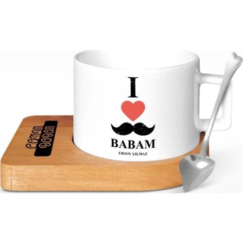 Personalized Love Papa Design Wood Altlıklı Ceramic Cup-1