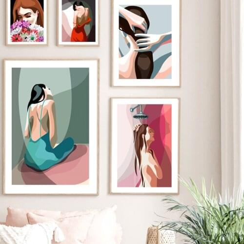 Flowers Dress Sexy Woman Poster Girl Shower Wall Art Canvas Painting Nordic Wall Decor Pictures for Living Room Home Frameless