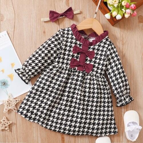 PatPat 2pcs Houndstooth Print Bowknot Long-sleeve Baby Dress