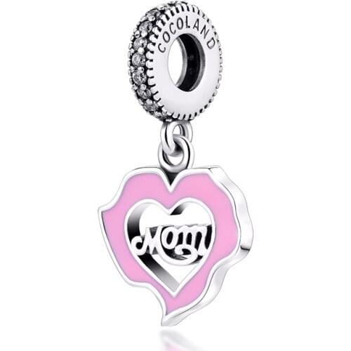 Fits for Pandora Charms Bracelets Mom Love Beads with Pink Enamel & Clear CZ 100% 925 Sterling Silver Jewelry Free Shipping
