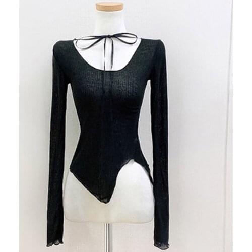 Translucent Tops Sexy Women T-Shirt Long Sleeve Slim Ladies Tshirts Round Neck Bandage Korean 2021 Autumn Black Tee Shirt Femme