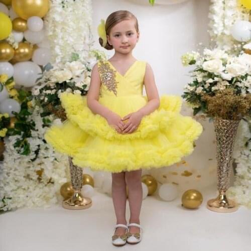 Puffy Layers Short Girls Dress Crystals Decoration Kids Princess Dress Kids Party Dresses Birthday Gowns