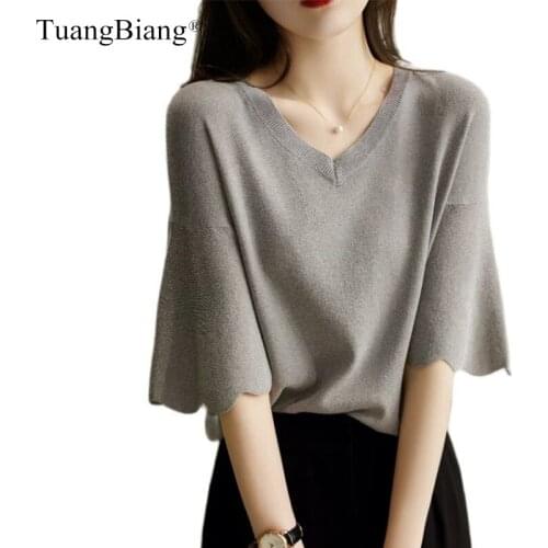 V-Neck Flare Flower Sleeve 2021 Solid Color Women Thin Pullovers Gray Knit Tshirts Femme Casual Temperament Elastic Elegant Tops