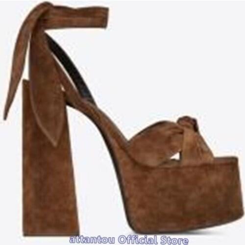 New Summer chunky heeled printed leather thick platform cross knot open-toe ankle strap high heel sandals women dress shoes