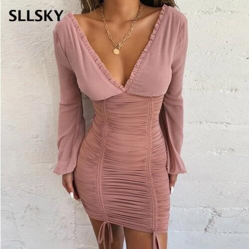 SLLSKY Sexy Chiffon Dress Women Spring Summer New Long Sleeve Slim Elastic Bodycon Bandage Dress Short Pleated Party Dresses