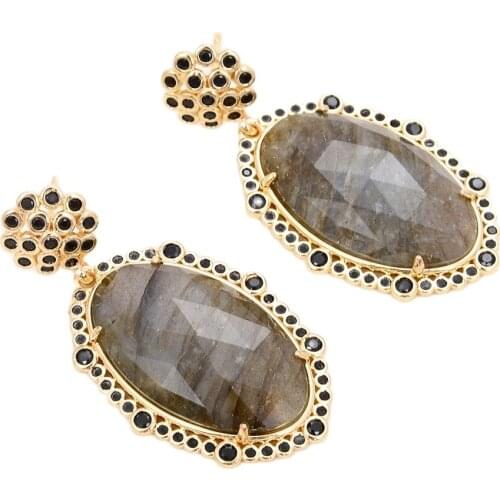 GG Jewelry 22x33mm Natural Faceted Oval Labradorite Cz Pave stud Earrings