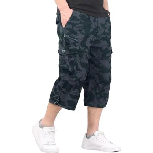 Casual Cotton Shorts Men Summer Long Length Multi Pocket Overalls 5XL Military Trousers Camouflage Cargo Sports Short SweatPants