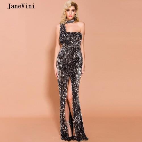 JaneVini Sexy Silver Mermaid Long Evening Dresses 2020 Halter Sparkle Sequined High Split Floor Length Formal Women Dinner Gowns