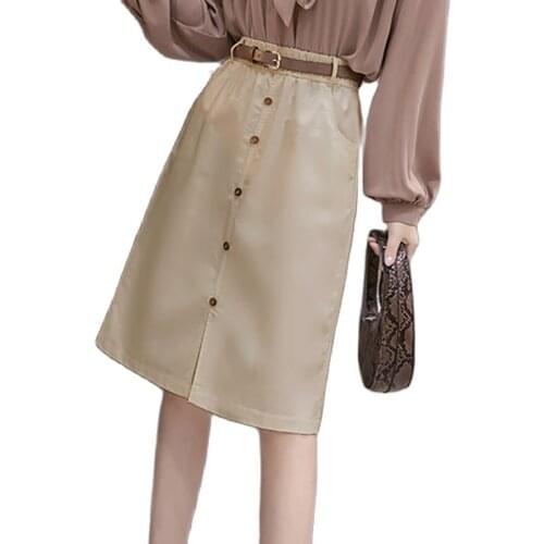 Front Split Women Skirt Elegant Woman Skirts 2021 Spring Korean Elastic High Waist Office Lady Sashes Midi Skirt Single-Breasted