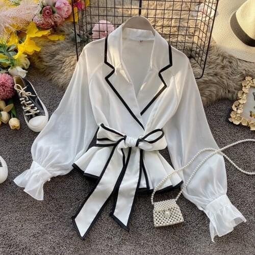 Women Blouse Shirt 2020 French Vintage Blazer bow Chiffon Shirts OL Office Fashion Slim Waist Ruffle Design Camisas Blusa muje