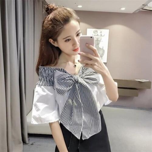 New 2019 Spring Short Sleeve Chiffon Shirt Temperament Sweet Bell sleeve V-neck Strapless off Shoulder Top Lady Blouse HC103
