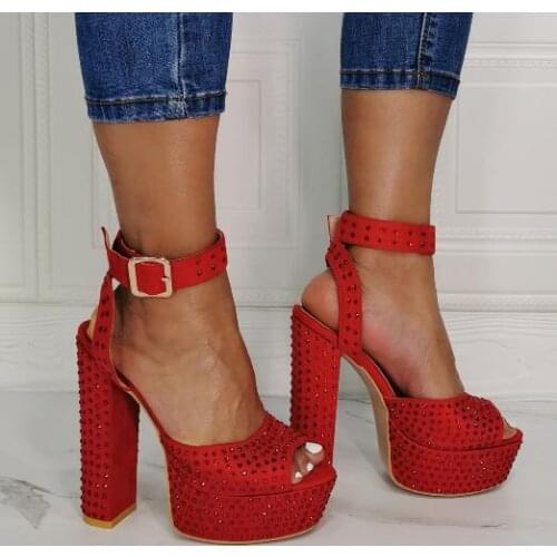 Dipsloot New Woman Red Chunky Heels Bling Bling Diamond Crystal Sandals Female Peep Toe Platform Drill Wedding Shoes Lady