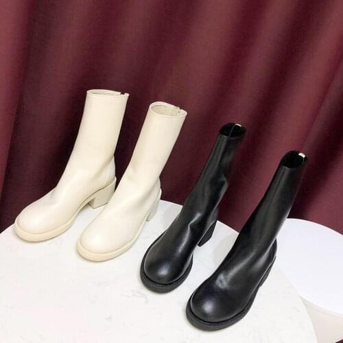 2020 trendy back zipper mid-calf boots women winter shoes thick high heels chelsea boots round toe pleated leather booties mujer