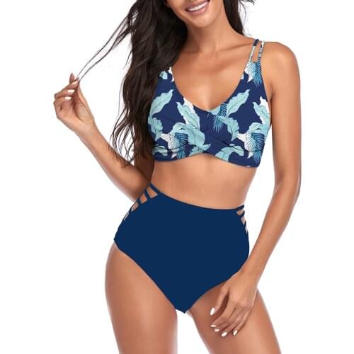 Womens 2Pcs Bikini Suit Low V-neck Back Lace-up Tank Tops with Hollowed Side High Waist Bottoms