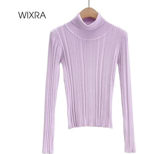 Wixra Autumn Winter Solid Skinny Sweater Womens Knit Long Sleeve Turtleneck Jumpers Female Slim Fit All Match Pullovers