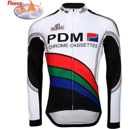PDM White&Black Winter Fleece Cycling Jersey Retro Bike Clothing Road/MTB Bicycle Wear Shirts Long Sleeve Thin FULL ZIP