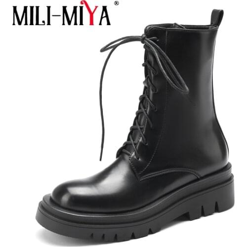 MILI-MIYA Platform Women Ankle Boots PU Leather Female Dropshipping Chunky Heels Round Lace Up Zipper Footwear Big Size 34-43
