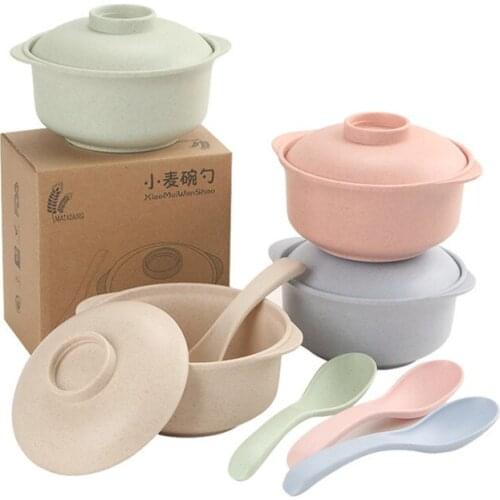 Baby Soup Bowl With Lid Spoon Dinnerware Pure Natural Wheat Straw Creative Salad Noodles Plate Plastic Tableware For Kids Bebe