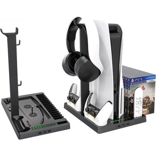 For PS5 console, universal multi-function cooling base with disc storage rack handle dual-seat charging headset storage