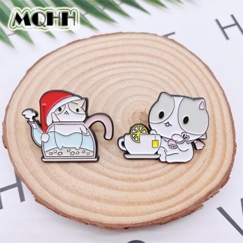 Cartoon Sweet Animals Cats Play Enamel Pins Teapots Tea Cups Lemon Alloy Brooches Cute Badges Accessories Fashion Women Jewelry