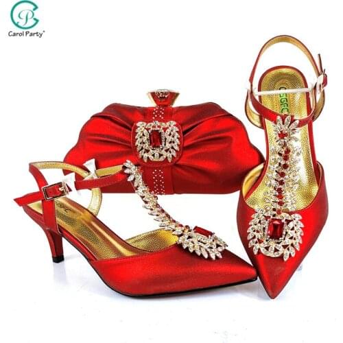 Italian design 2021 Newest Fashion Red Color Crystal Luxury and Noble Elagant Ladies Shoes and Bag Set for Party