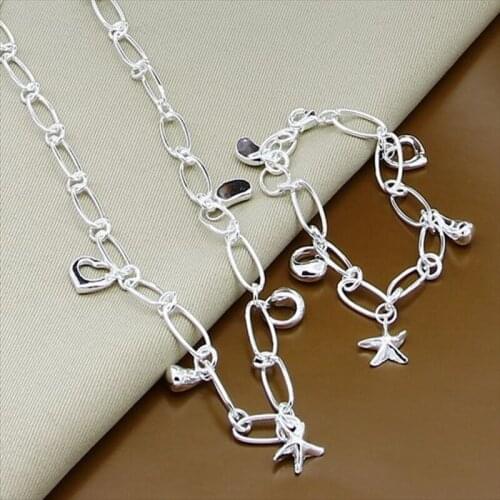 New Fashion 925 Silver Jewelry Sets Simple Heart Star Round Pendant Necklace Bracelet Sets Female Fine Jewelry