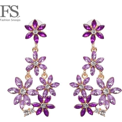 FASHIONSNOOPS Big Long Purple Crystal Drop Earrings For Women Charm Flower Shiny Bride Earrings Wedding Jewelry Accessories