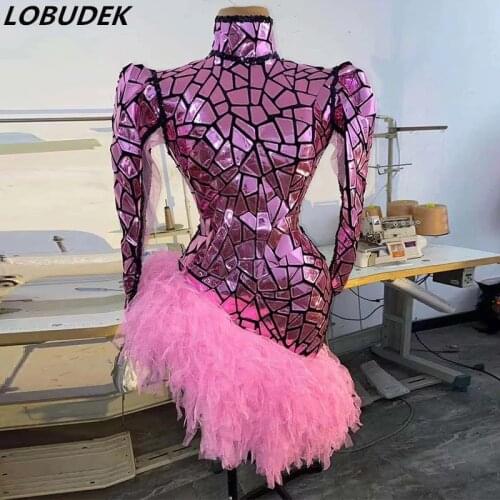 Singer Performer Stage Host Pink Sequins Laser Mirror Tassel Dress Women Birthday Celebrate Prom Evening Party Concert Costume
