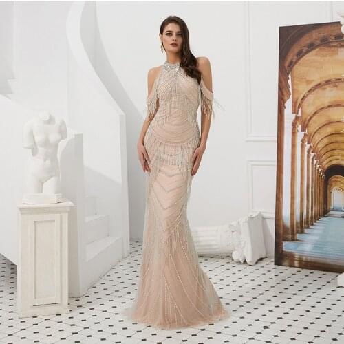 Sexy Evening Dresses With Slit Beaded Nude Chiffon Women Sunmer Fomal Dresses Halter Party Dress