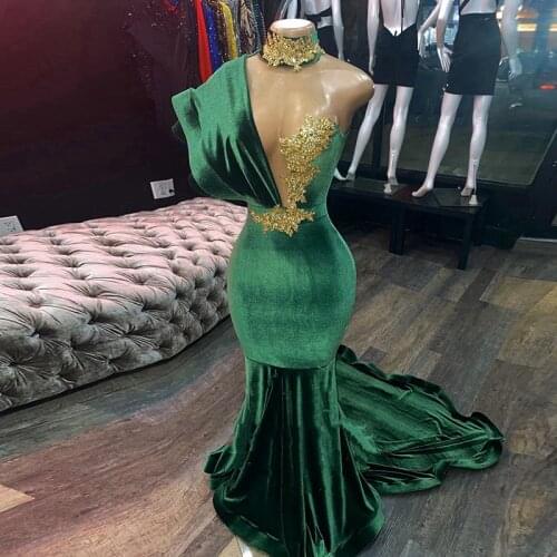 Green Evening Dresses High Neck Appliques Gold Lace Mermaid Prom Sexy Formal Velvet Party Gowns 2020