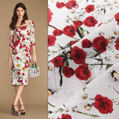 140cm Width Fashion Week Poppy Flower Chrysanthemum White Cotton Fabric for Woman Girl Summer Dresses Skirts Shirts DIY Sewing