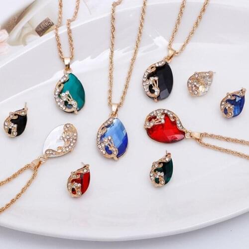 Women Rhinestone Peacock Water Drop Pendant Necklace Earrings Ring Jewelry Set