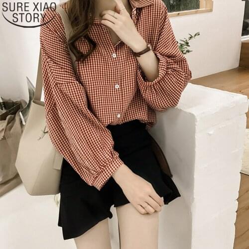 2021 Spring Plaid Shirt Women Korean Puff Sleeve Women Tops and Blouse Plus Size Office Lady Blouse 4XL Clothes Blusas 8809 50