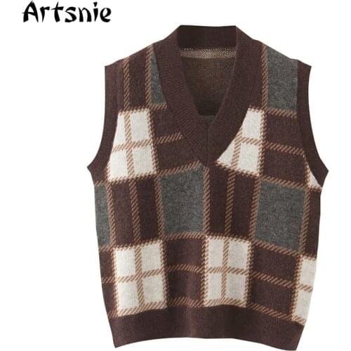 Artsnie vintage brown plaid sweater vest women autumn v neck sleeveless pull femme hiver sweet warm vest sweaters jumper femme