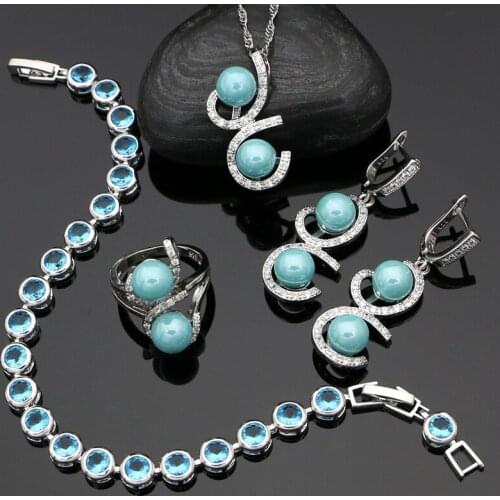 Silver 925 Wedding Jewelry Sets For Women Sky Blue Pearl White Crystal Earrings Pendant Necklace Ring Bracelet