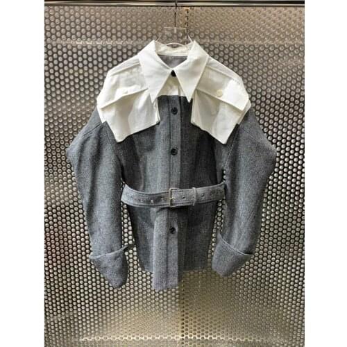 Winter 11.27 High Autumn End Fashion Contrast Color Patchwork Lapel Puff Sleeve With Belt Loose Wool Coat Women