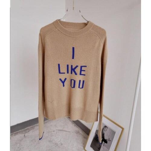 100% Cashmere Knitted Sweater Front letter JACQUARD O NECK LONG SLEEVES JUMPER KNITWEAR