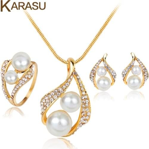 2017 Fashion Gold-color Shining Rhinestone Imitation Pearl Leaf Ring Pendant Necklace Earring Set for Women Jewelry Set
