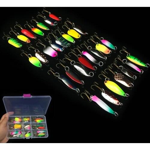 30pcs Multicolor Artificial Fishing Lures Kit Metal Hard Spoon Sequins Spinner Baits with Hooks and Box