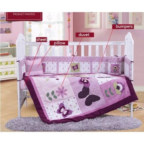 4PCS embroidery purple Cot Crib Bumper Sheet ,Baby Bed Around Bed,Bedding for Cribs,include(bumper+duvet+sheet+pillow)